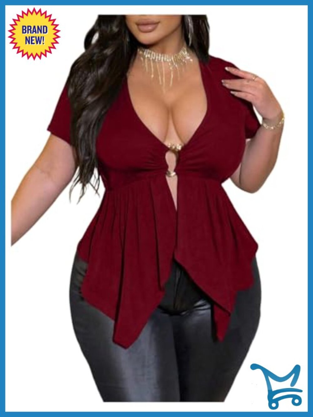 Plus Size Peplum Top Babydoll Flowy Tee Ruffle Hem Deep V Neck